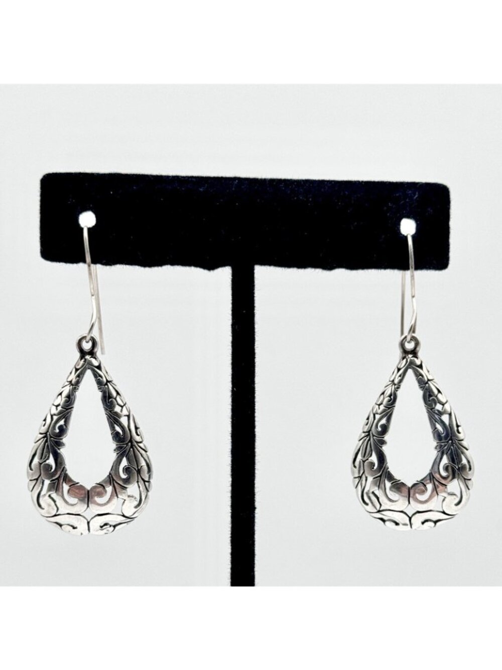 Vintage Filigree Sterling Silver Earrings Dangle Teardrop Art Nouveau Jezlaine - Picture 2 of 10